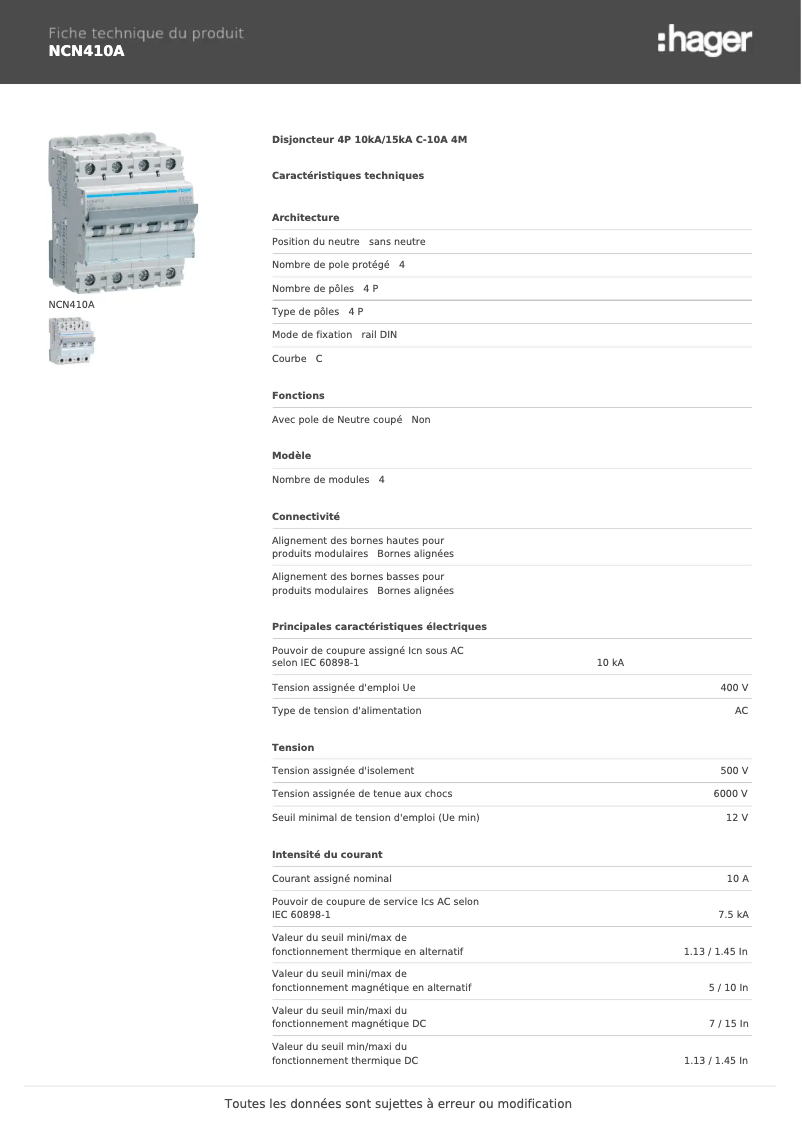 Page n°1 - Manuel utilisateur Hager NCN410A
