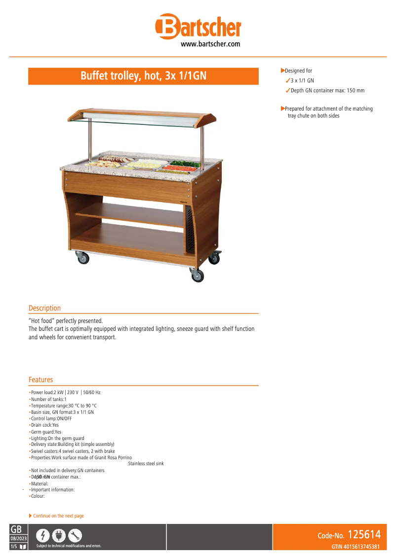 Página 1 del manual Ficha técnica Bartscher 115115