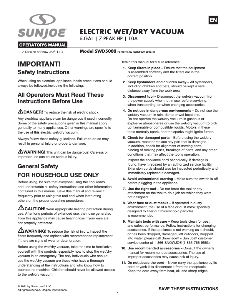 Page 1 de la notice Manuel utilisateur Sun Joe SWD5000