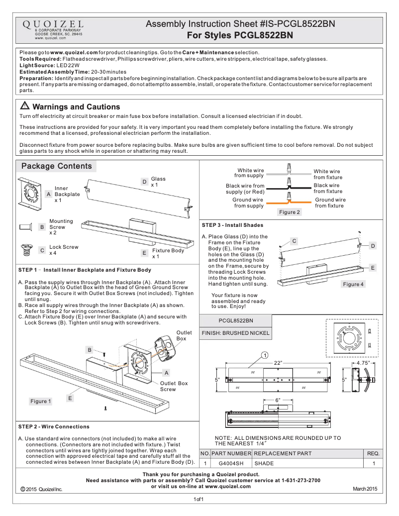 Page 1 de la notice Manuel utilisateur Quoizel PCGL8522BN