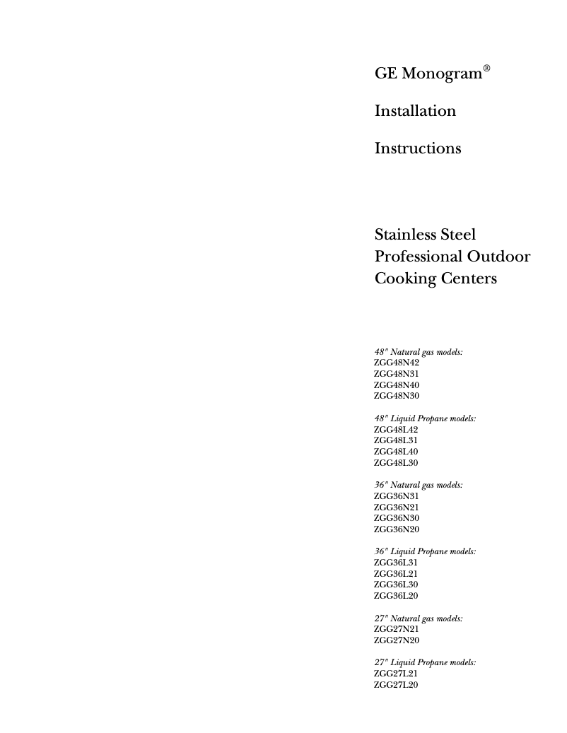 Page n°1 - Guide d'installation GE ZGG48L30ASS