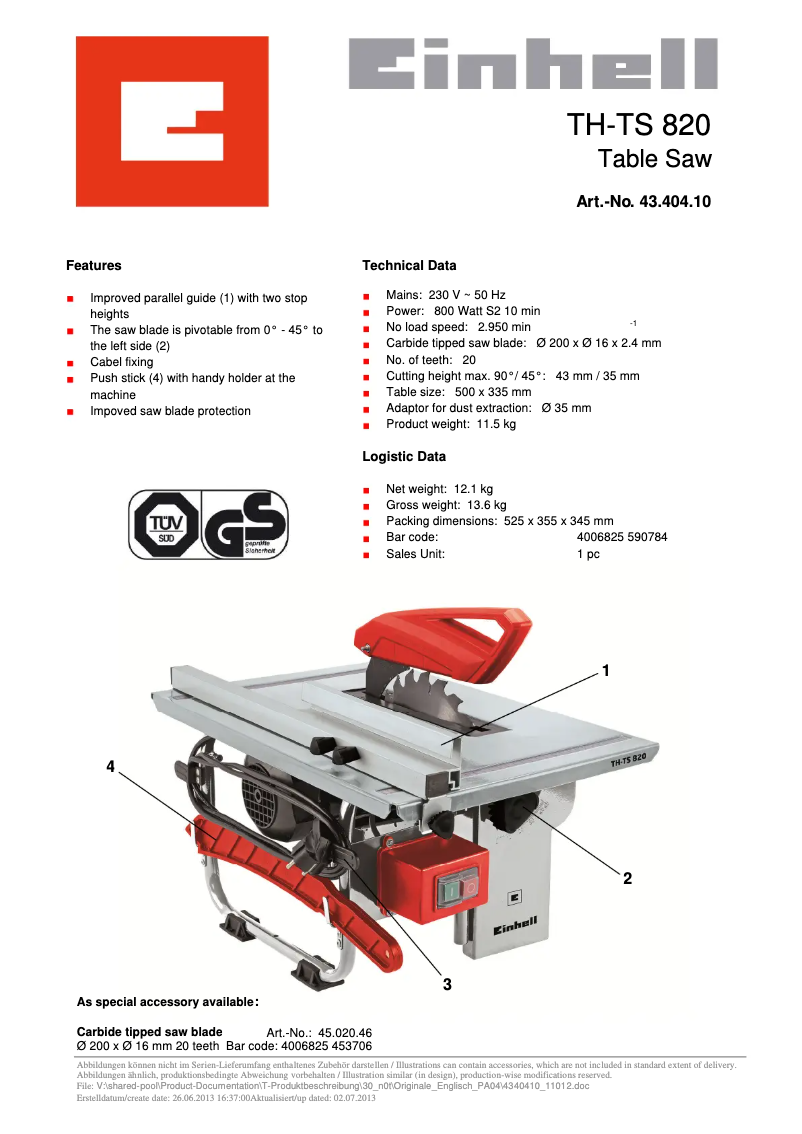 Page 1 de la notice Fiche technique Einhell TH-TS 820