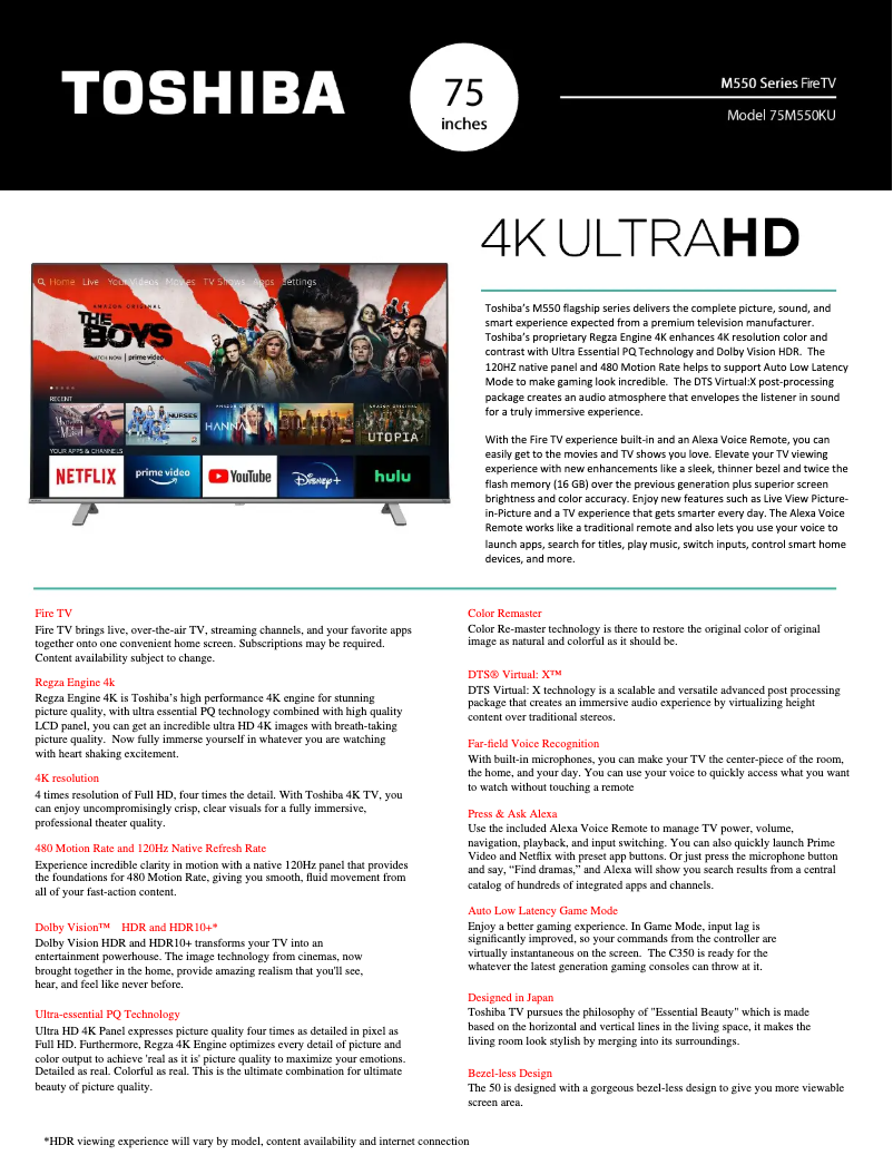 Page 1 de la notice Manuel utilisateur Toshiba 75M550KU