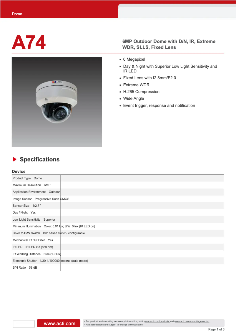 Page n°1 - Fiche technique ACTi A74