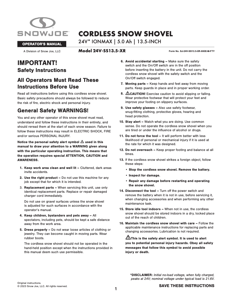 Page n°1 - Manuel utilisateur Snow Joe 24V-SS13.5-XR