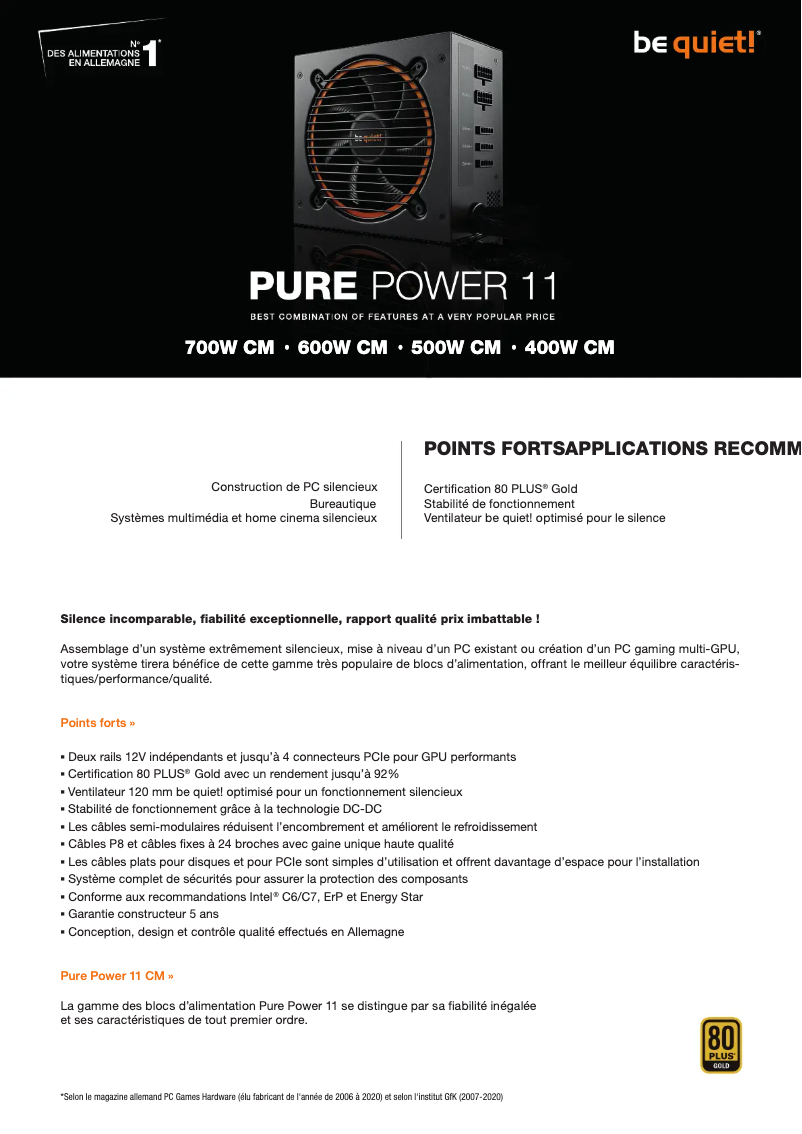 Page 1 de la notice Fiche technique Be Quiet! Pure Power 11 CM
