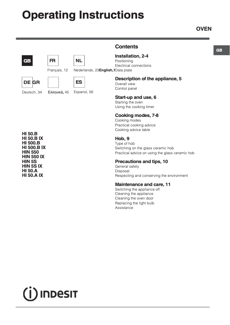 Page 1 de la notice Manuel utilisateur Indesit HI 50.A IX