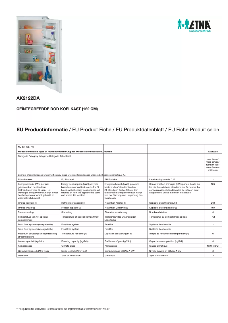 Page 1 de la notice Fiche technique Etna AK2122DA
