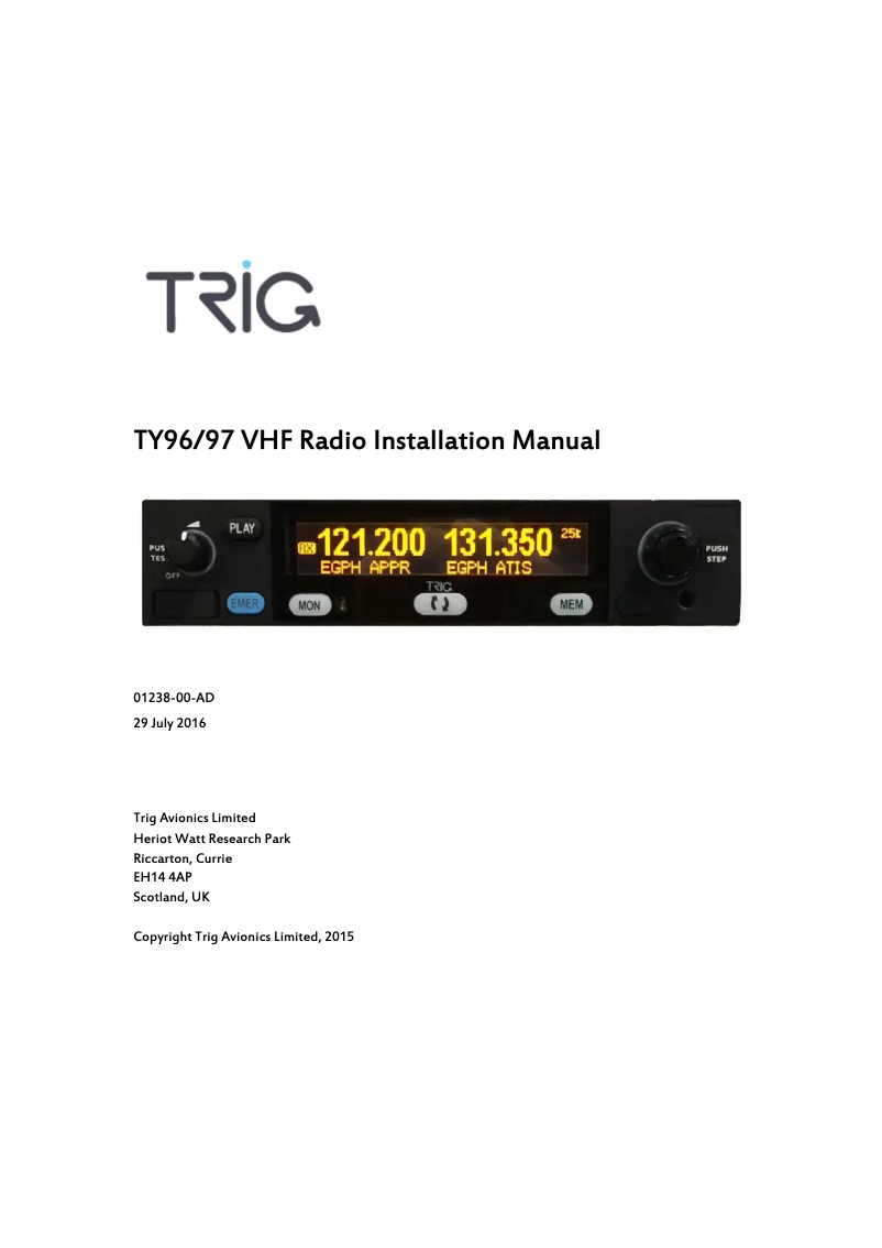 Page n°1 - Manuel utilisateur Trig Avionics TY96