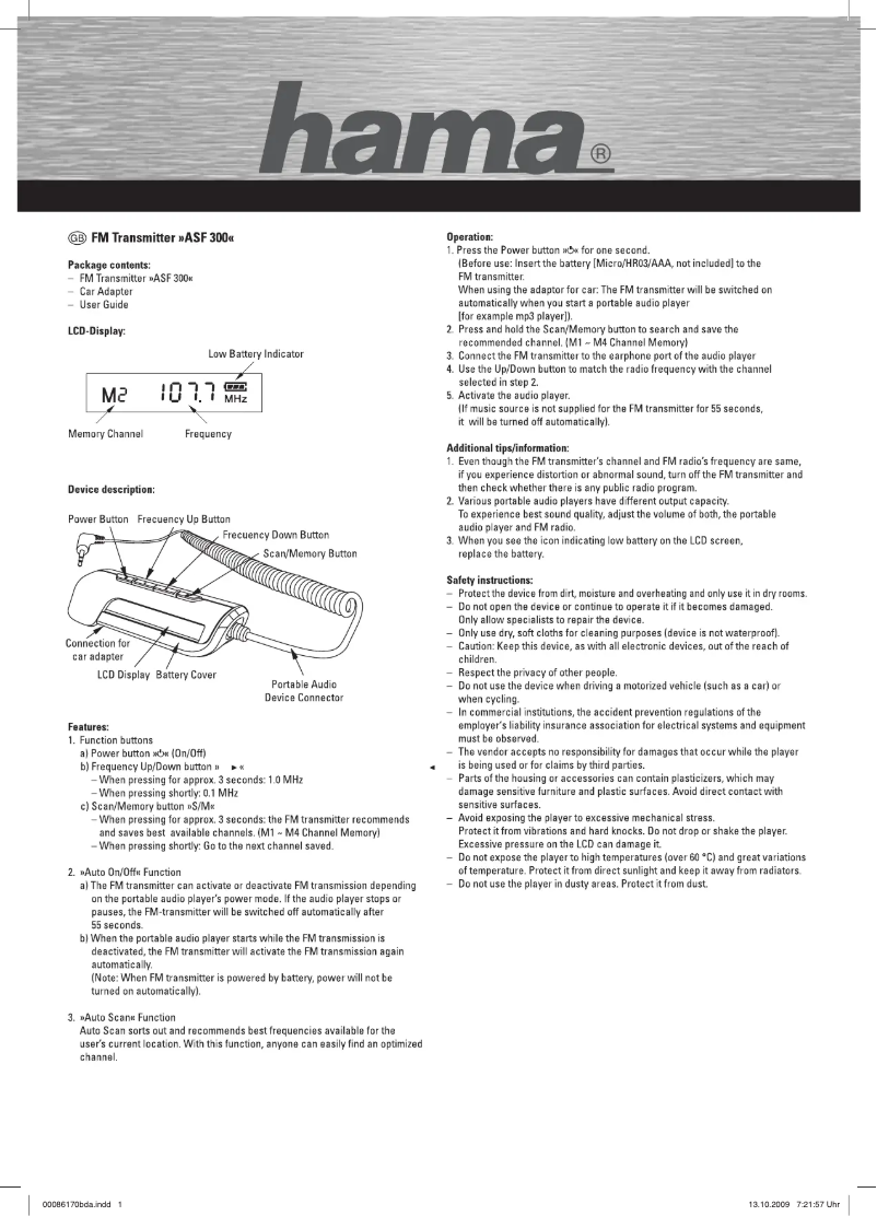 Page 1 de la notice Manuel utilisateur Hama ASF 300