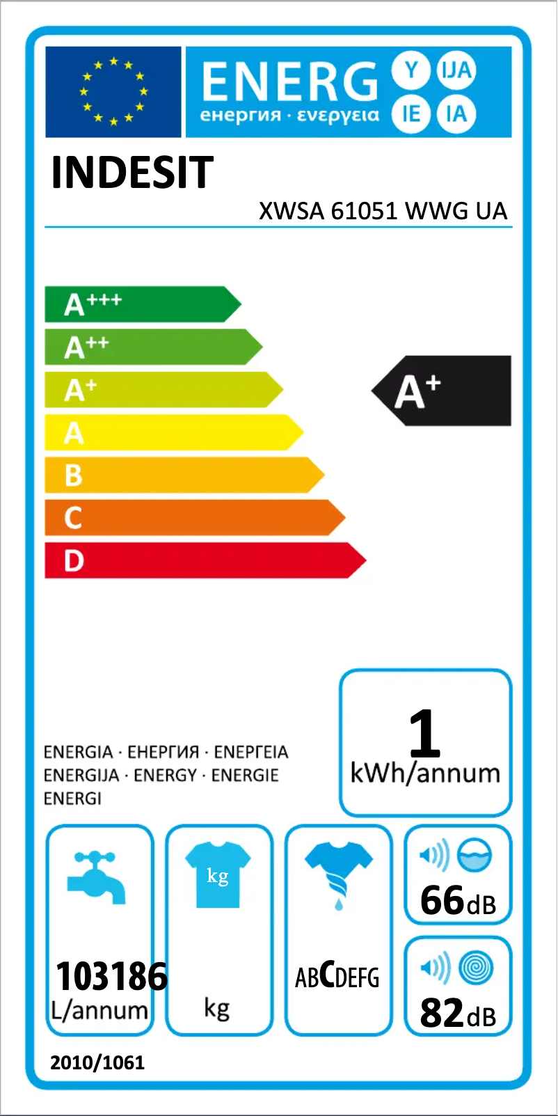 Page n°1 - Label énergétique Indesit XWSA 61051 WWG UA