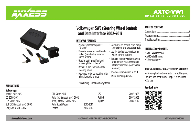 Image de la première page du manuel de l'appareil AXTC-VW1