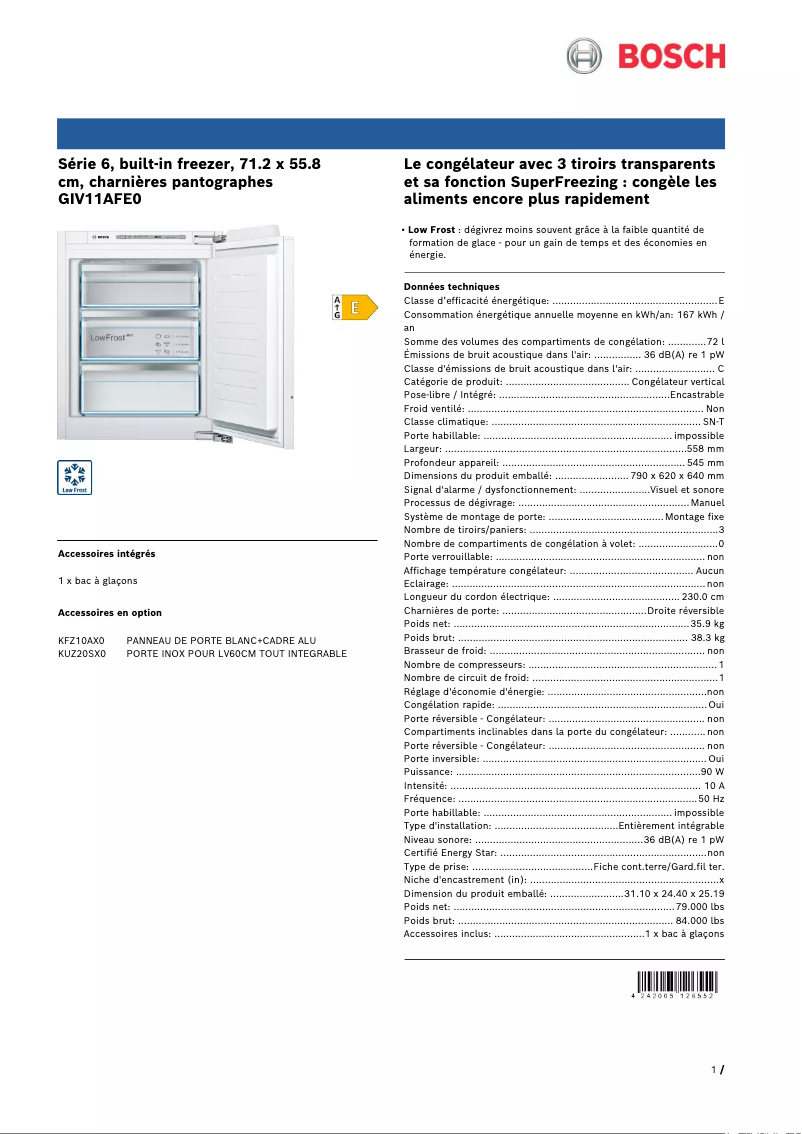 Page 1 de la notice Fiche technique Bosch GIV11AFE0