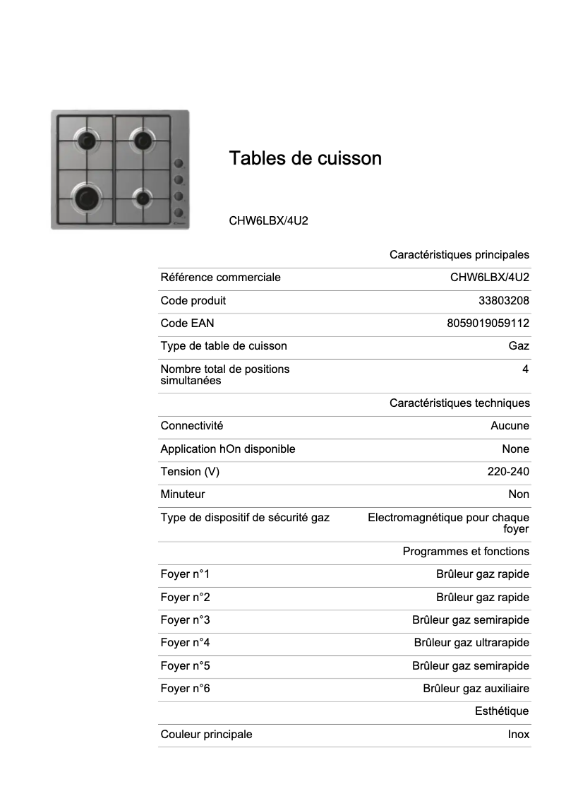 Page 1 de la notice Fiche technique Candy CHW6LBX