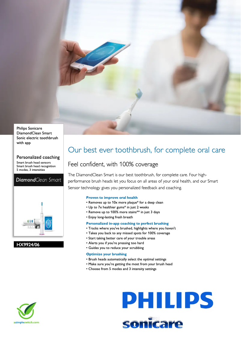 Page 1 de la notice Fiche technique Philips Sonicare DiamondClean Smart HX9924