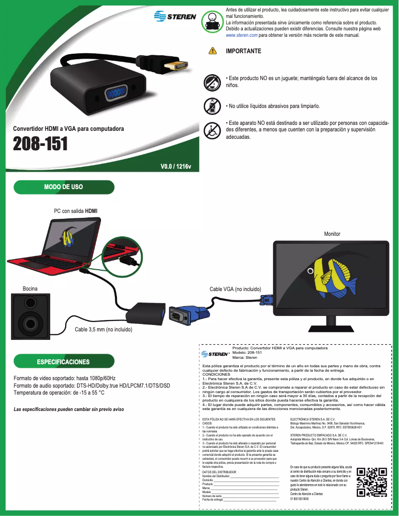 Page n°1 - Manuel utilisateur Steren 208-151