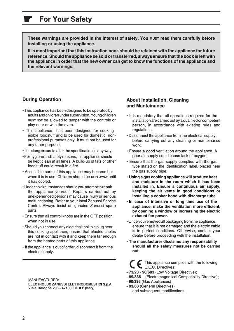 Page 1 de la notice Manuel utilisateur Zanussi ZGL648IB