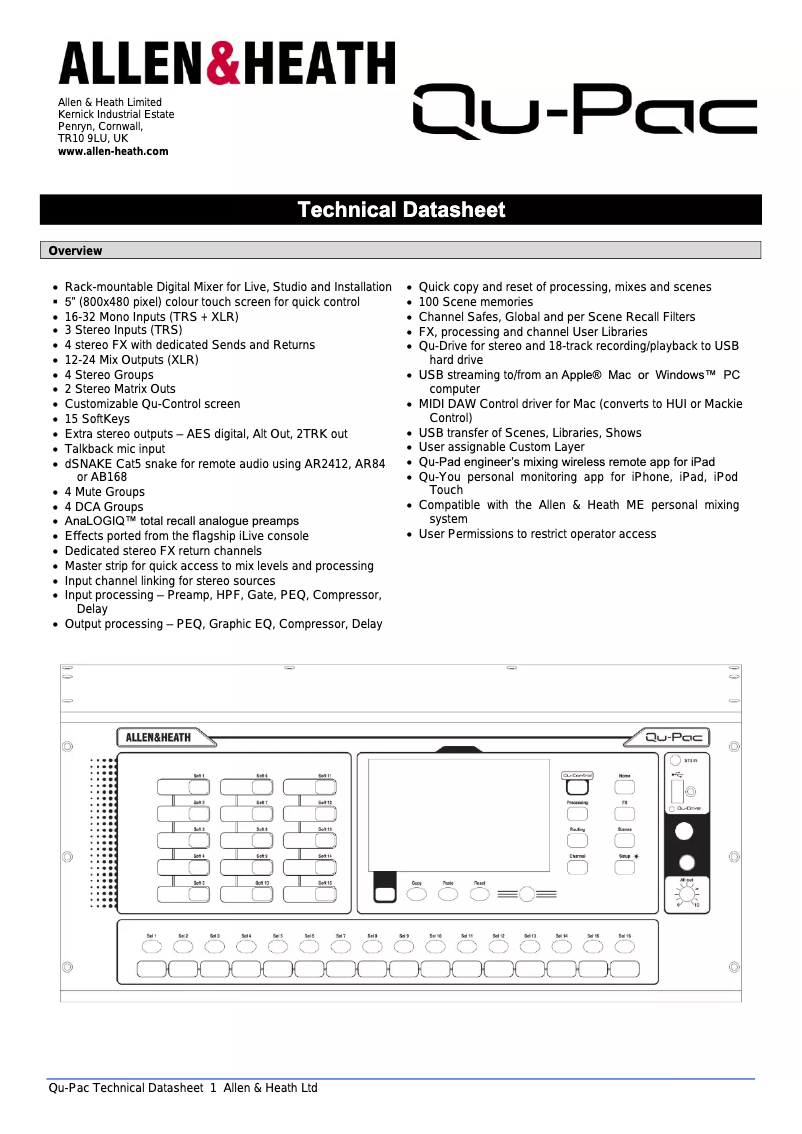 Page 1 de la notice Fiche technique Allen & Heath Qu-Pac