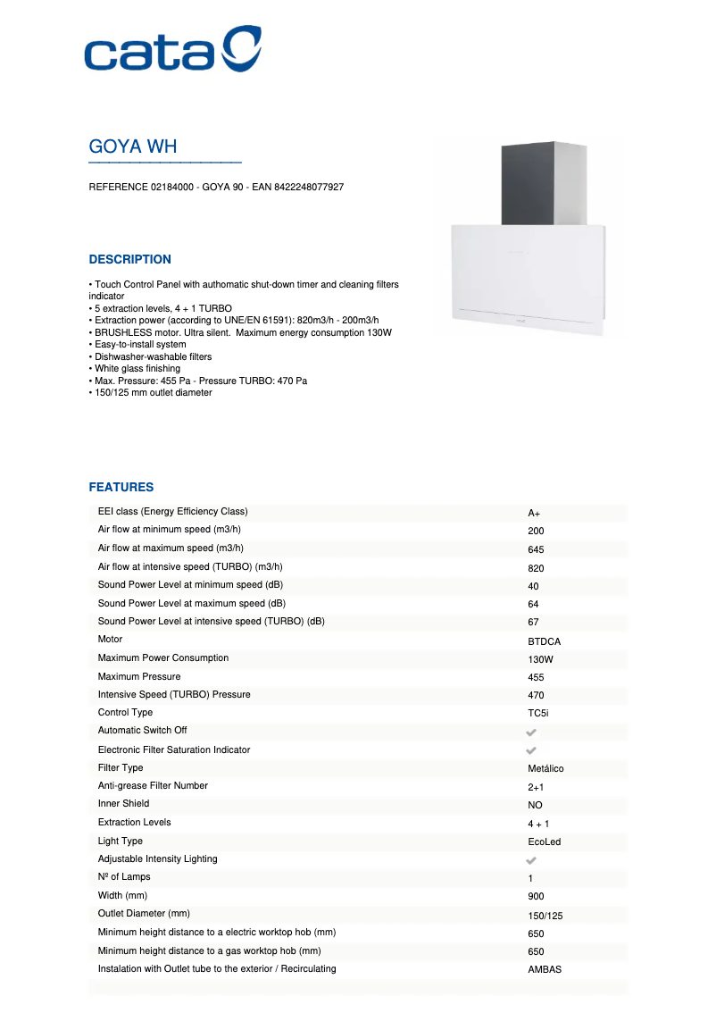Page 1 de la notice Mode d'emploi CATA GOYA BK