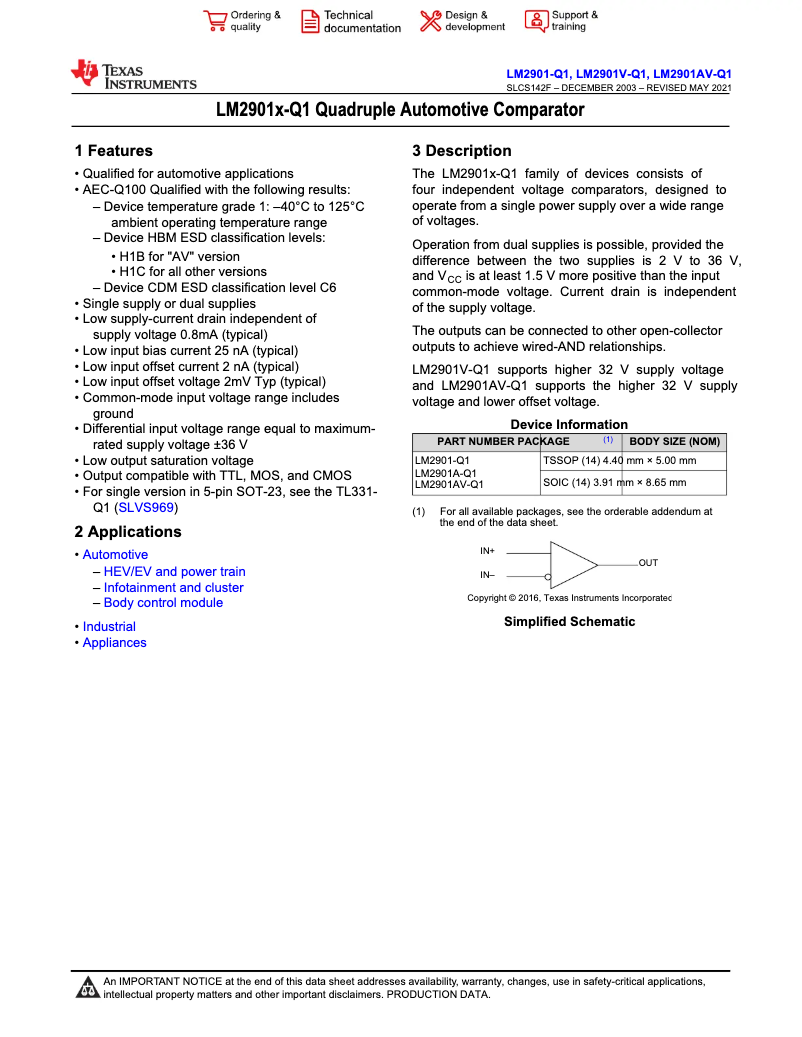 Page 1 de la notice Manuel utilisateur Texas Instruments LM2901VQPWRQ1