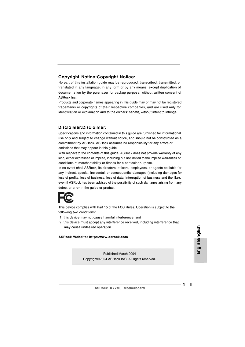Page n°1 - Manuel utilisateur Asrock K7VM3