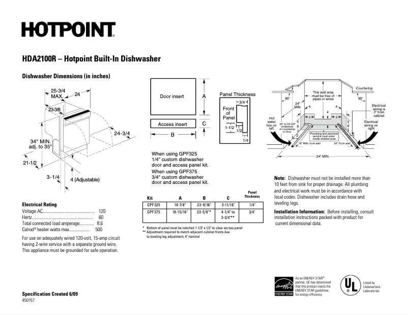 Page 1 de la notice Fiche technique Hotpoint HDA2100RCC