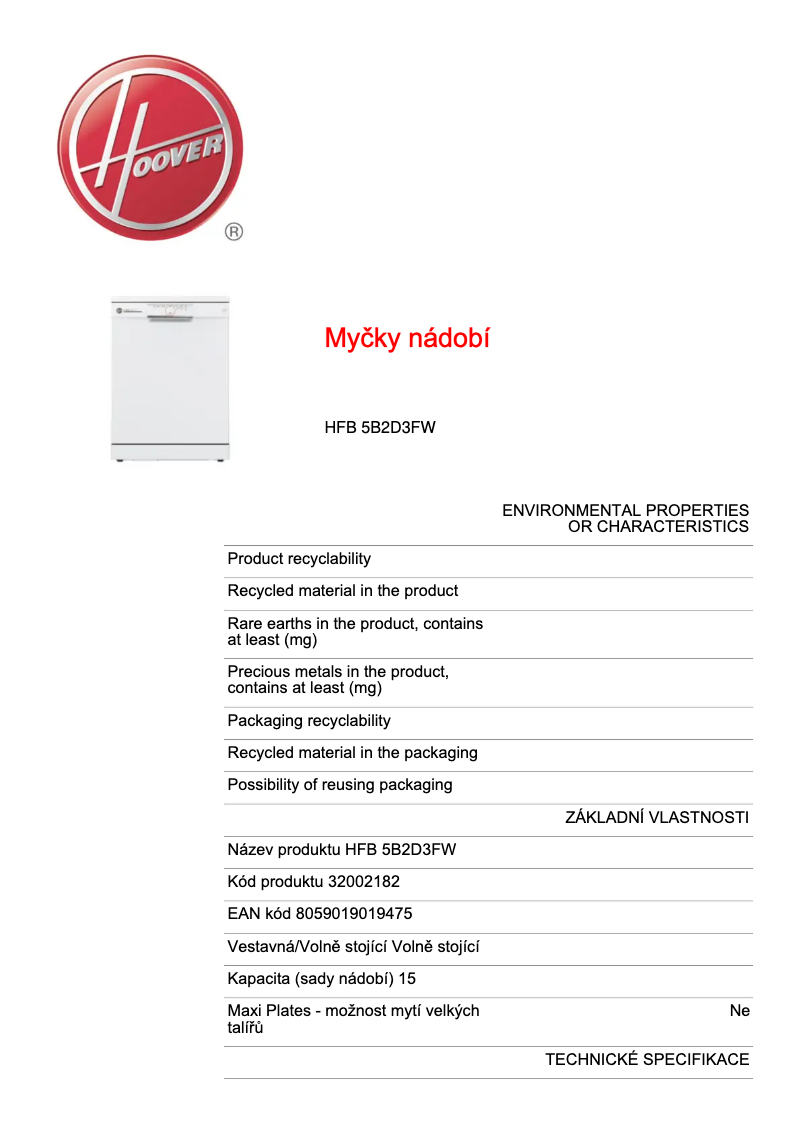 Page n°1 - Fiche technique Hoover H-DISH 500 HFB 5B2D3FW