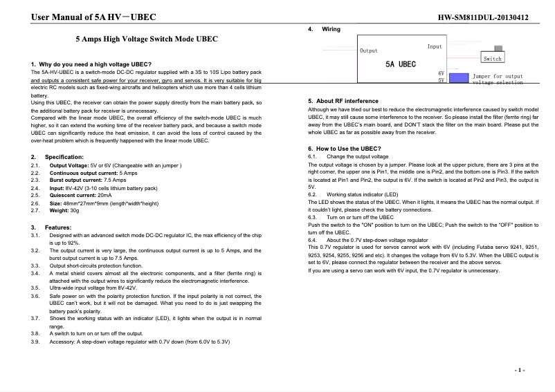 Page 1 de la notice Manuel utilisateur Hobbywing UBEC 5A HV (3-10S)