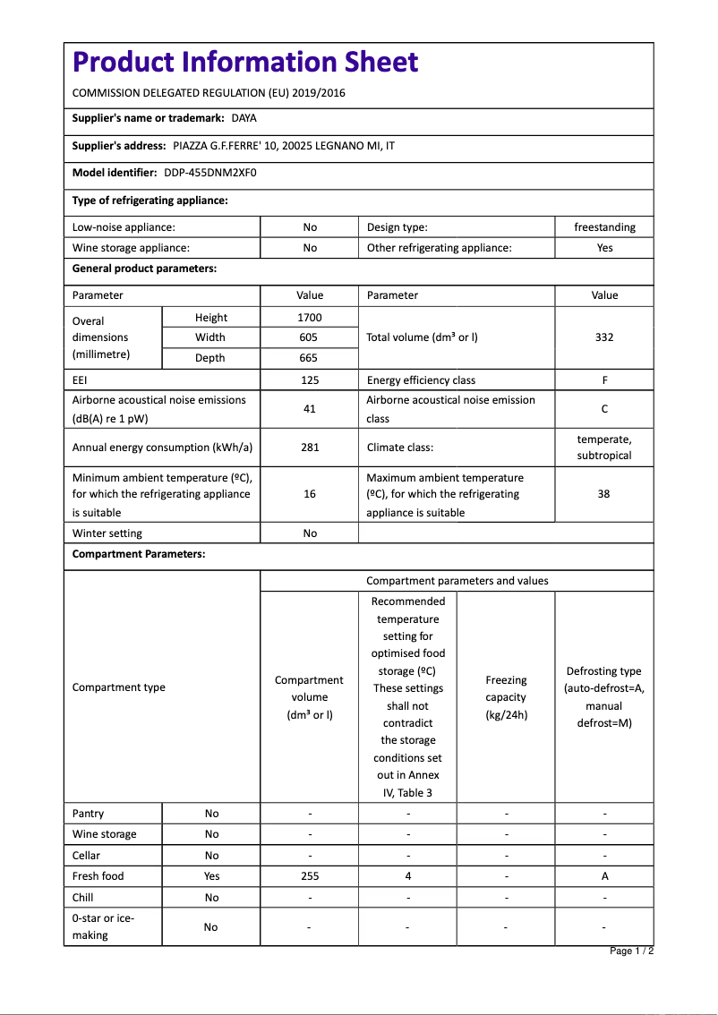 Page 1 de la notice Manuel utilisateur DAYA DDP-455DNM2XF0
