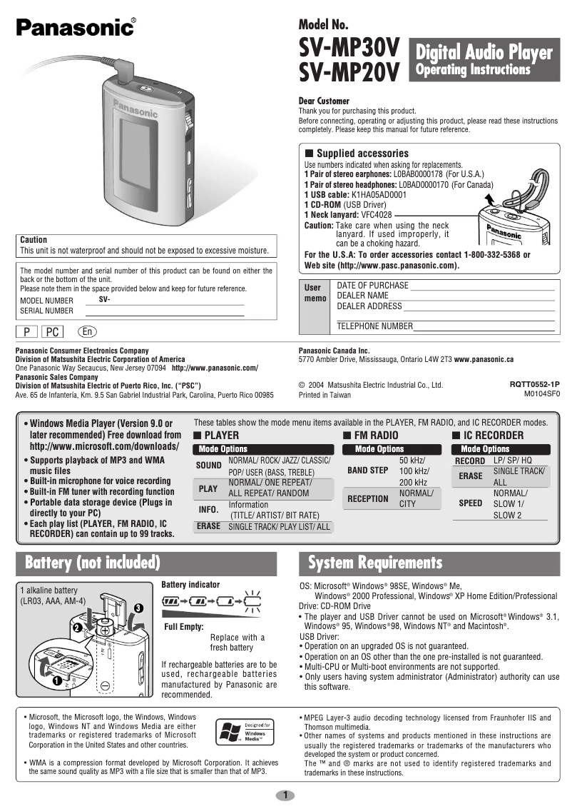 Page n°1 - Manuel utilisateur Panasonic SV-MP20V