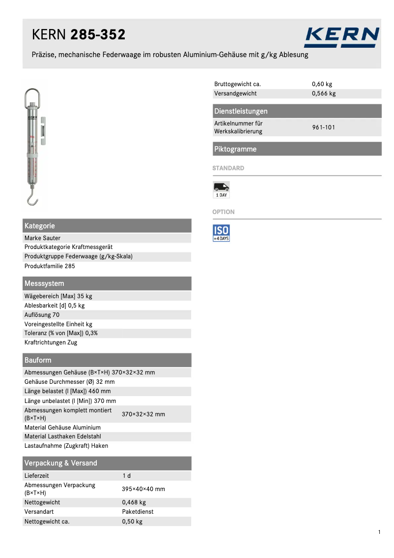 Page 1 de la notice Fiche technique Kern 285-352