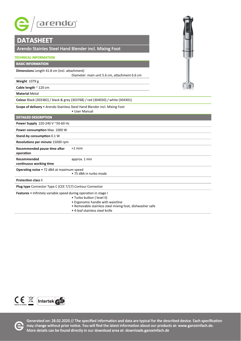 Page 1 de la notice Fiche technique Arendo Mano 304301