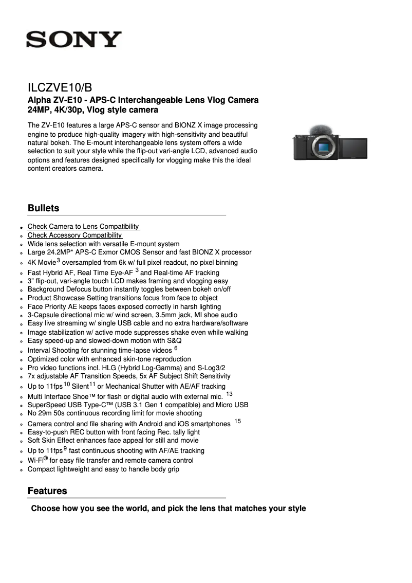 Page 1 de la notice Fiche technique Sony ZV-E10