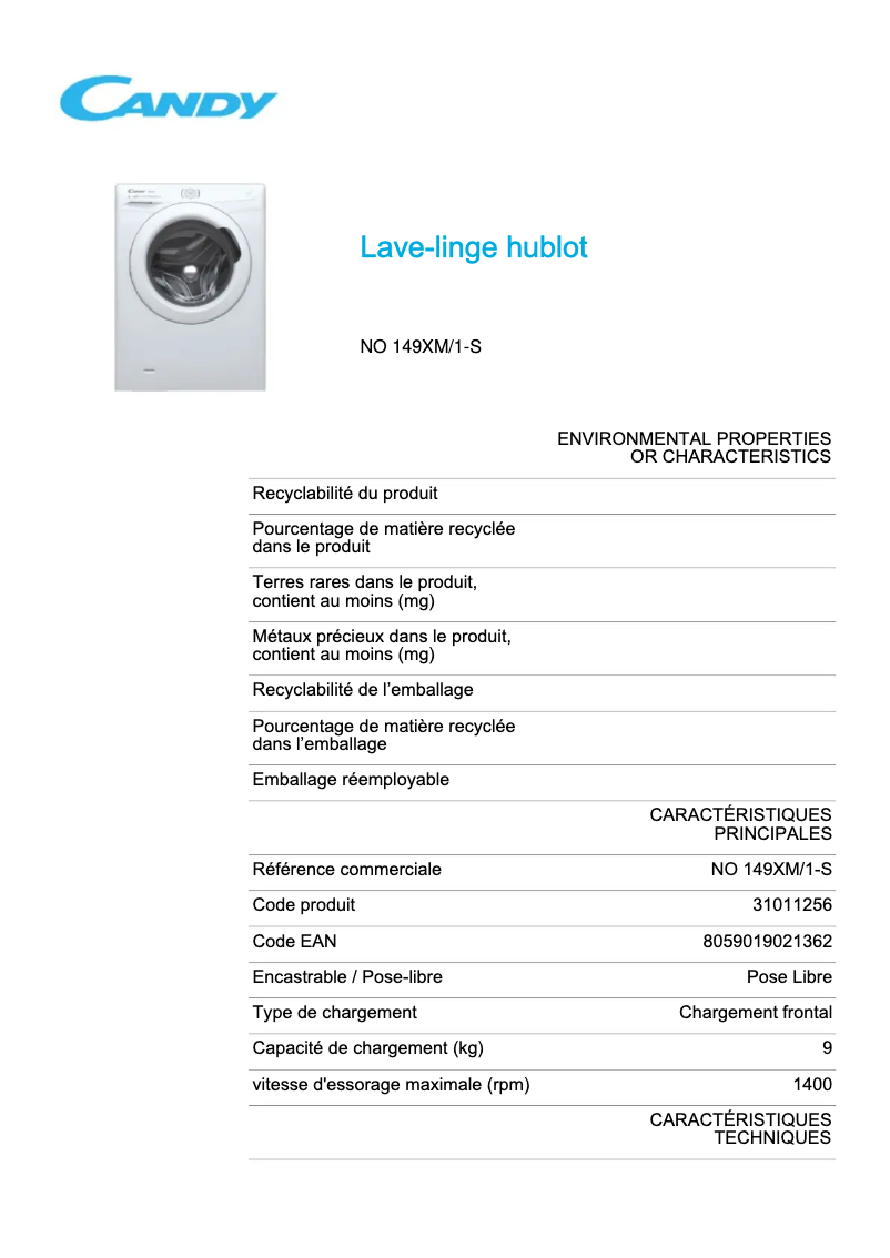 Page 1 de la notice Fiche technique Candy NO 149XM/1-S