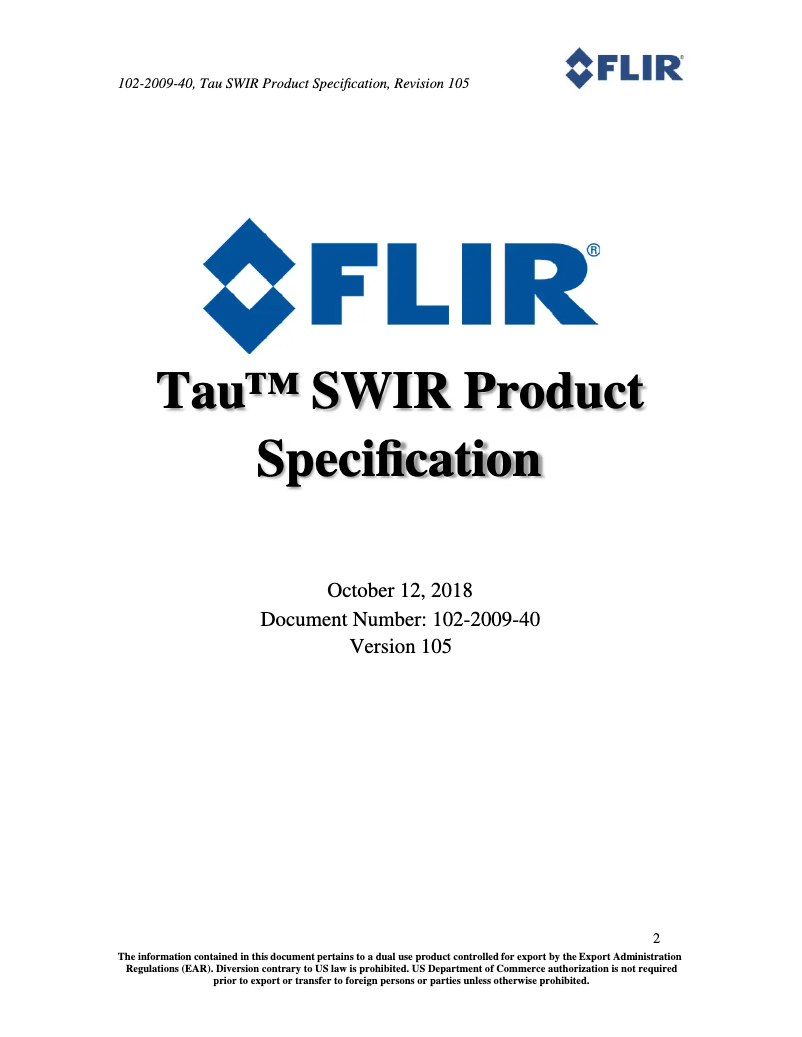 Page 1 de la notice Fiche technique FLIR Tau SWIR