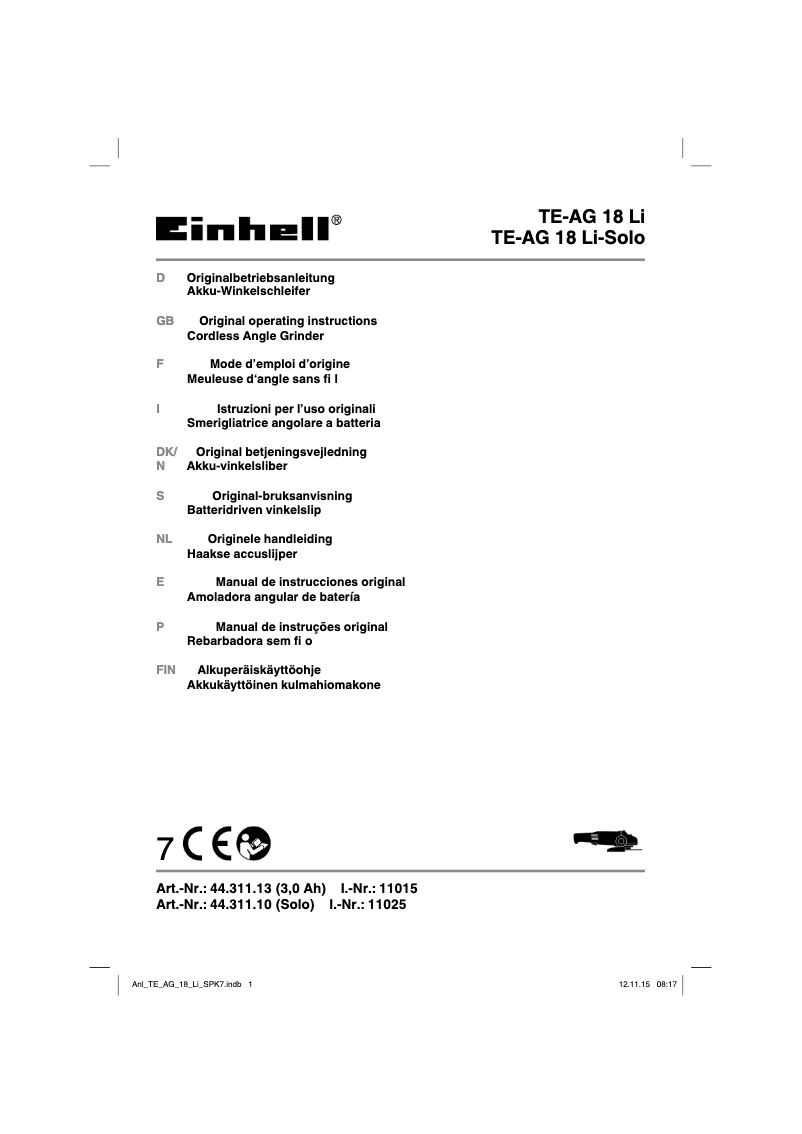 Page 1 de la notice Manuel utilisateur Einhell TE-AG 18 Li