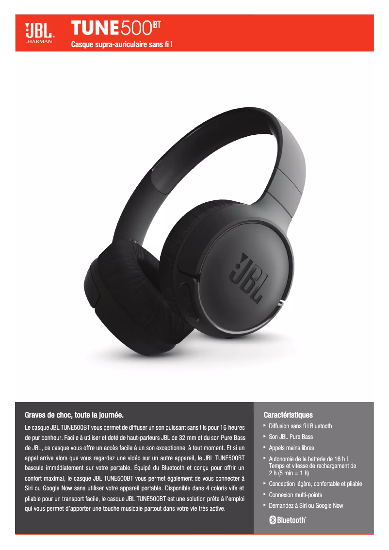 Page 1 de la notice Fiche technique JBL Tune 500BT