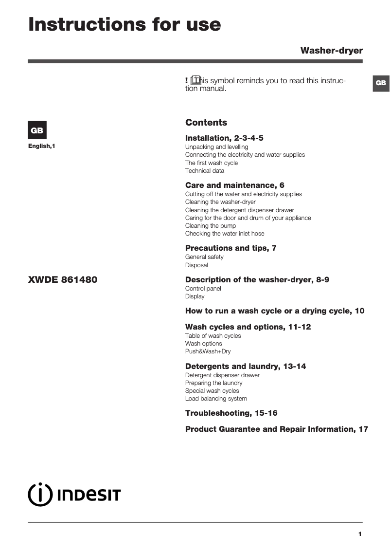 Página 1 del manual Manual de instrucciones Indesit XWDE 861480X K UK