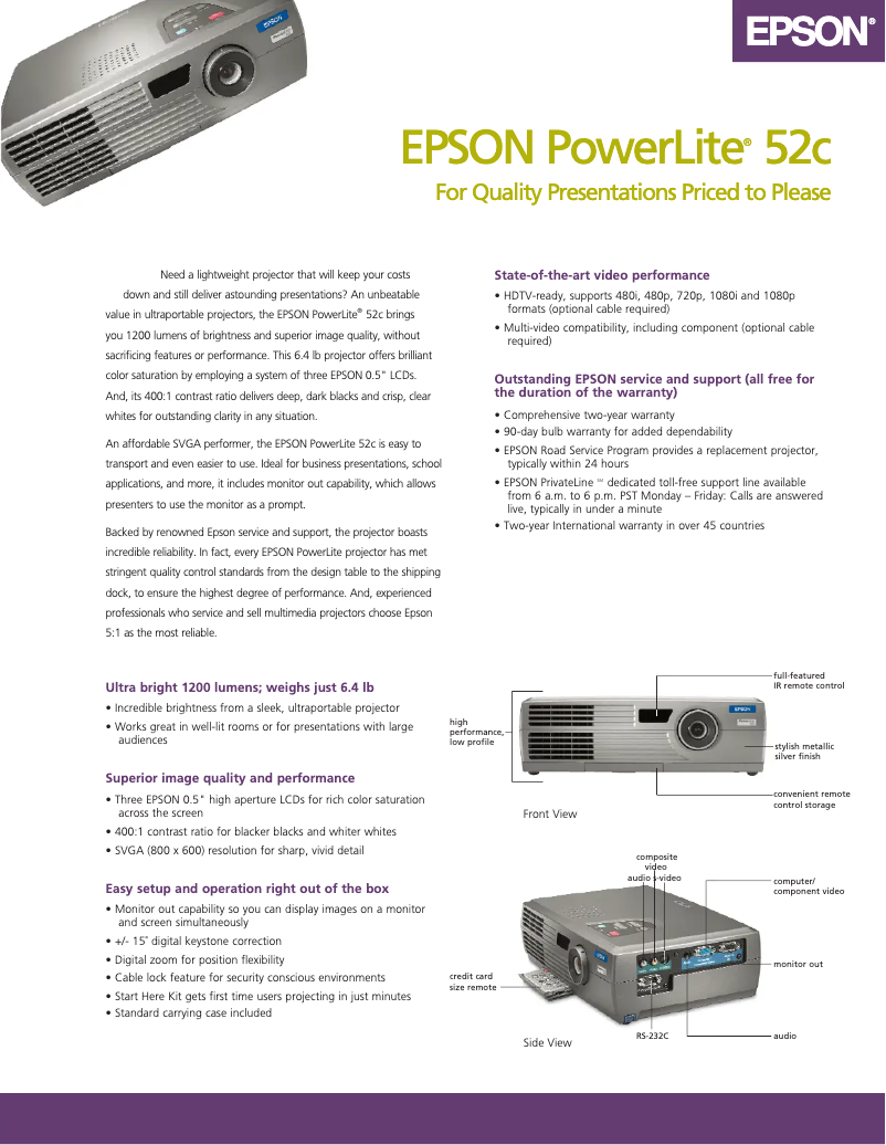 Page 1 de la notice Brochure Epson PowerLite 52c