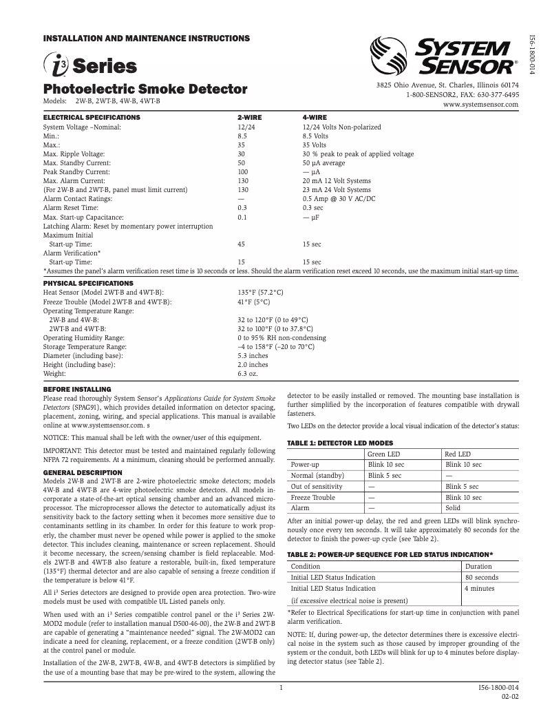 Page 1 de la notice Manuel utilisateur System Sensor 4WT-B