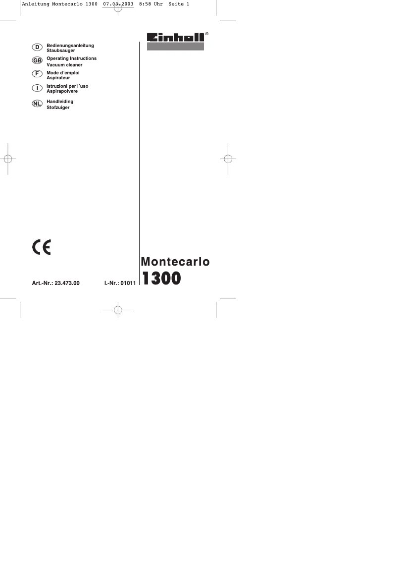 Page n°1 - Manuel utilisateur Einhell Montecarlo 1300
