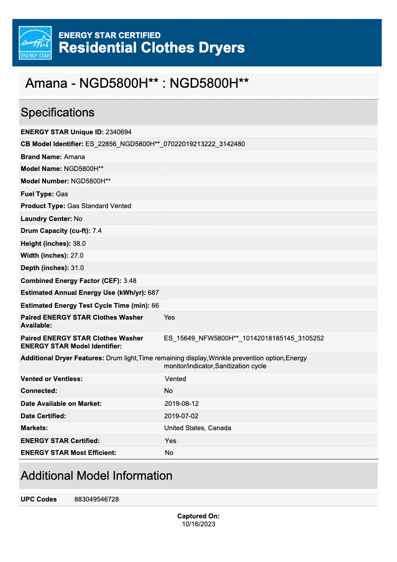 Page 1 de la notice Label énergétique Amana NGD5800HW