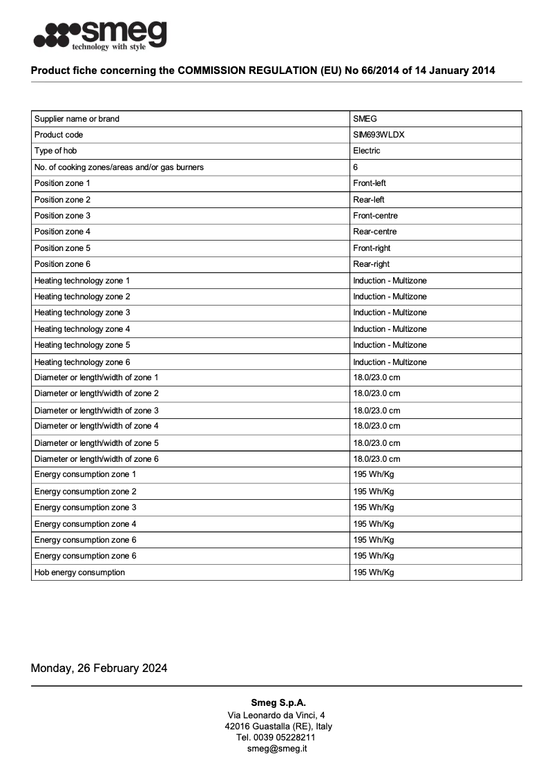 Page 1 de la notice Fiche technique Smeg SIM693WLDX
