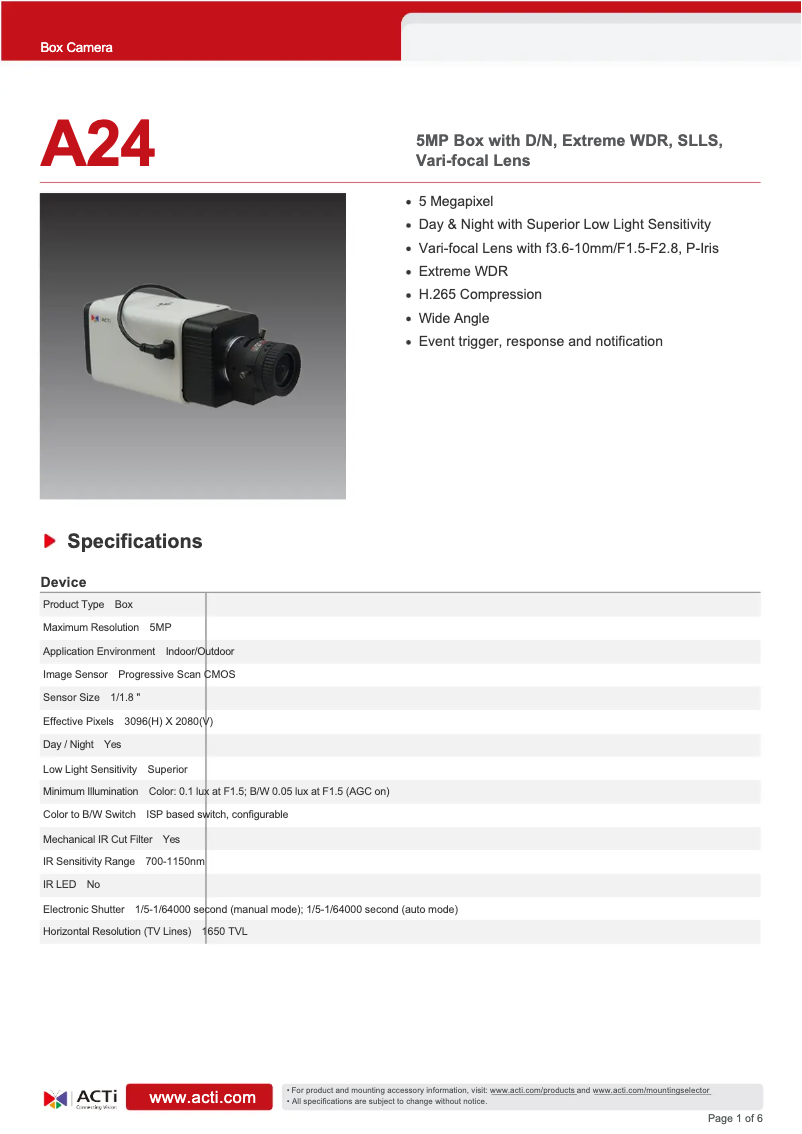 Page 1 de la notice Fiche technique ACTi A24