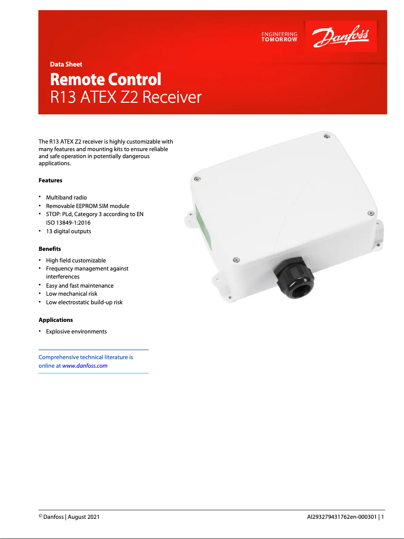 Página 1 del manual Ficha técnica Danfoss R13 ATEX Z2