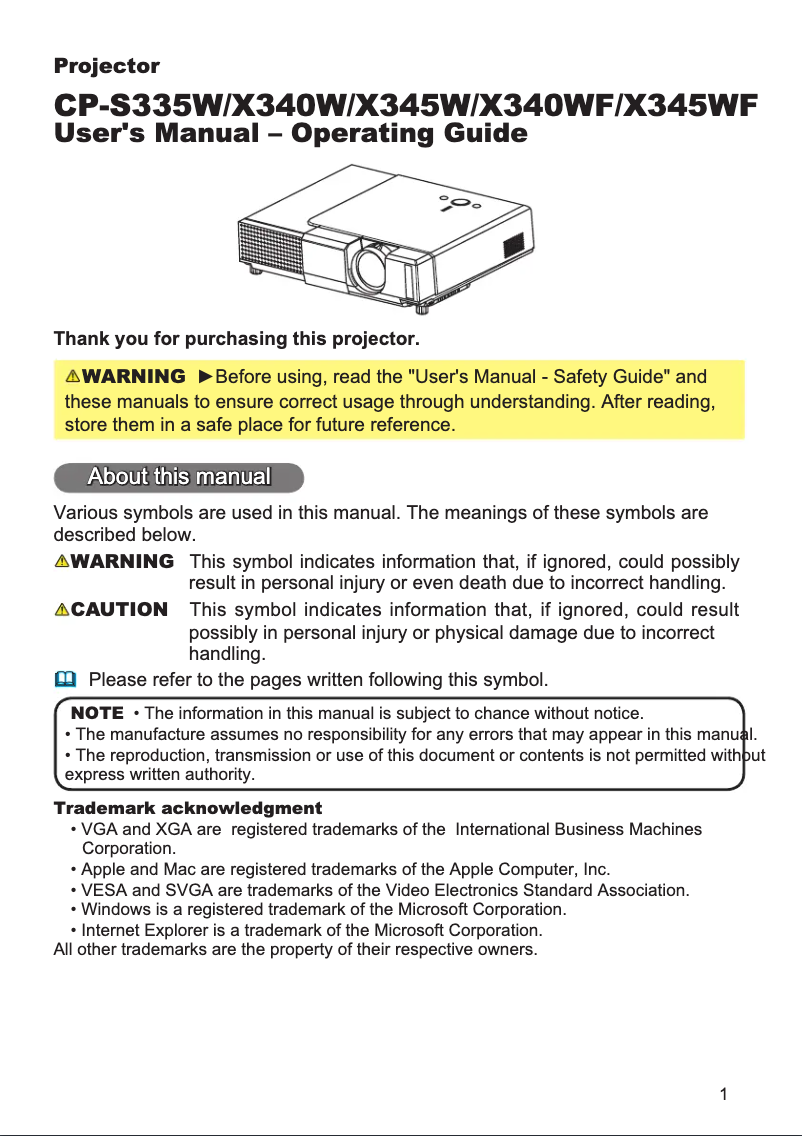 Page n°1 - Manuel utilisateur Hitachi CP-X340W