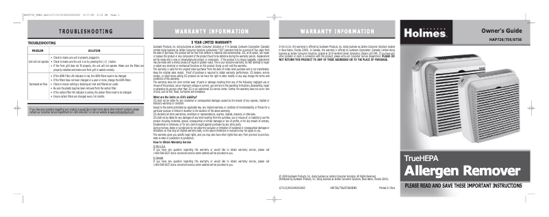 Page n°1 - Manuel utilisateur Holmes HAP726