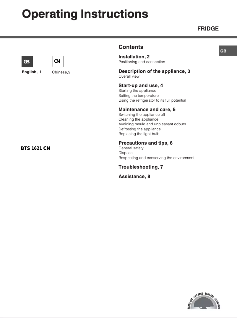 Page 1 de la notice Manuel utilisateur Hotpoint Ariston BTS 1621 C