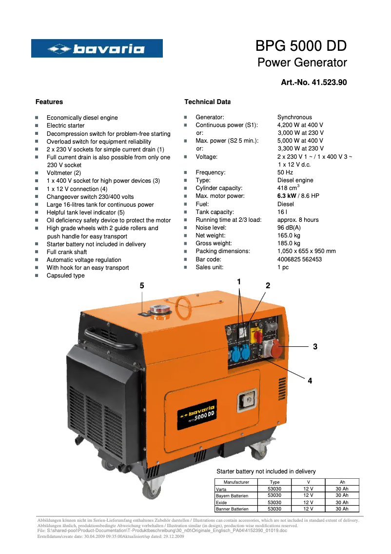 Página 1 del manual Ficha técnica Bavaria BPG 5000 DD