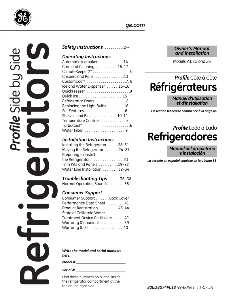 Page 1 de la notice Manuel d'utilisation et d'entretien GE Profile PSJC5YGXWV
